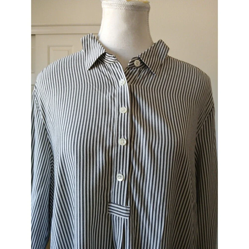 J. Jill Black White Striped Tunic Button Front Blouse Long Sleeve Size L